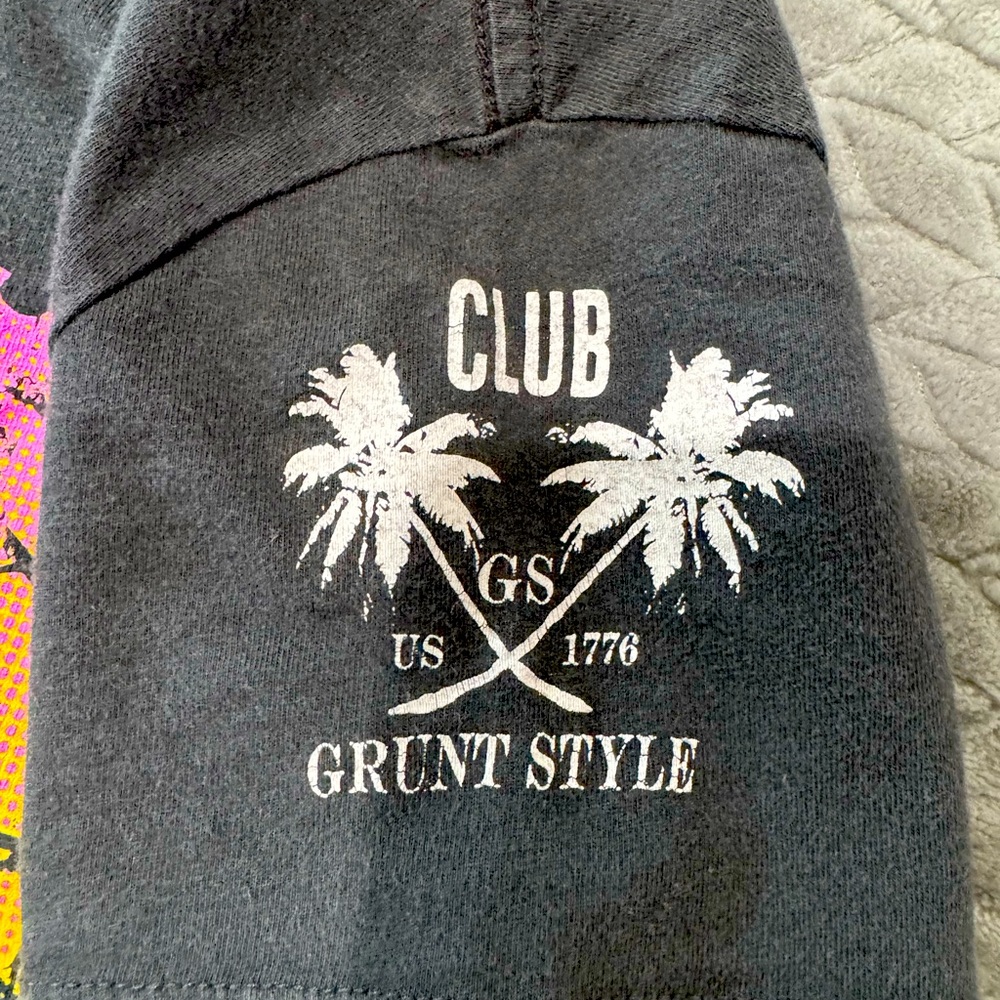 Small, dark, gray green style shirt